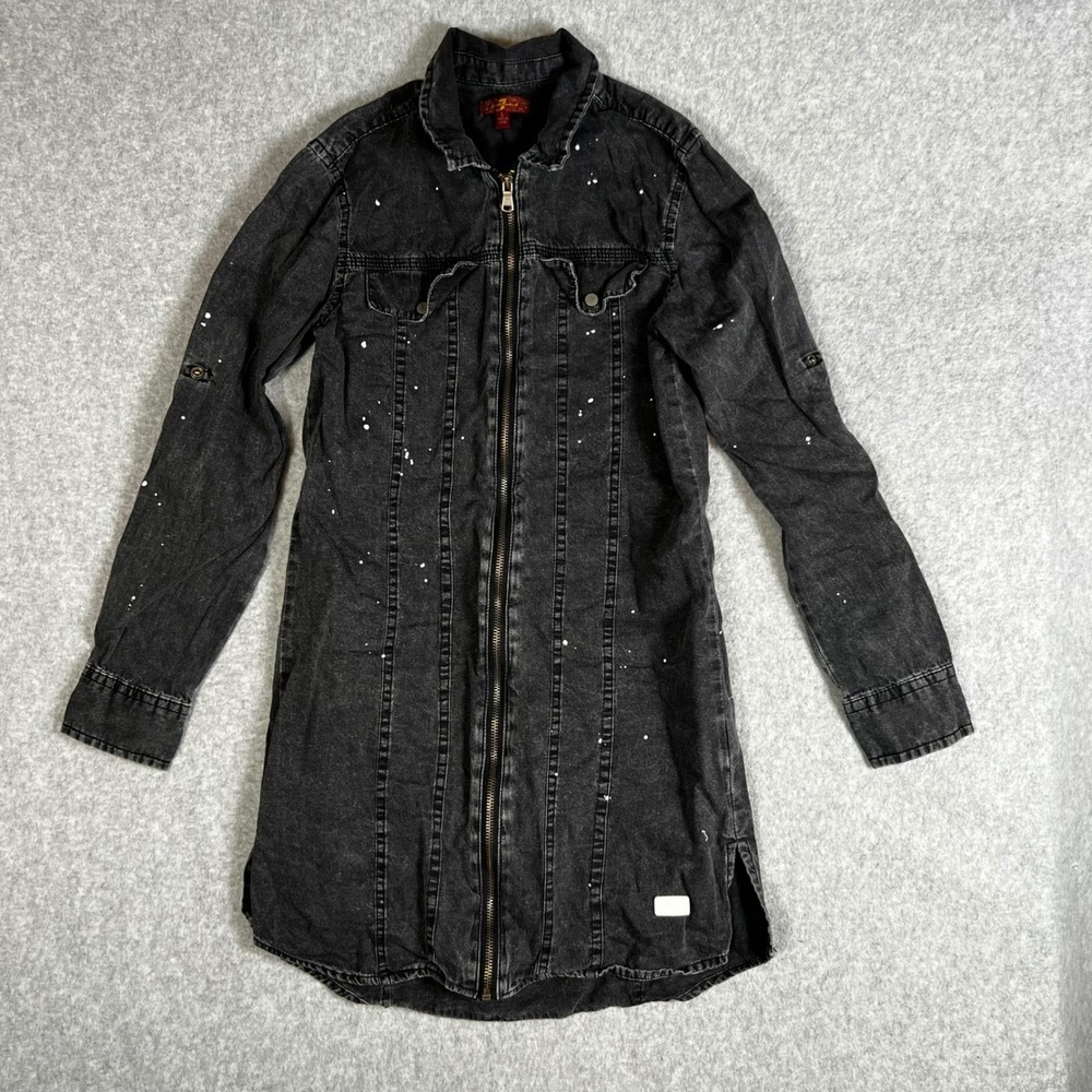 7 For All Mankind L Denim Dress Tunic Black Paint Splatter Zip Punk Goth Grunge